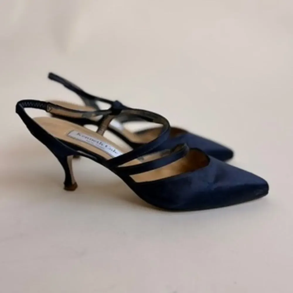 Kenneth Cole Navy Satin Kitten Heels - Pointed Toe, Slingback, Size 7.5